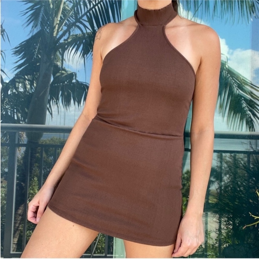 Chocolate Brown Ribbed Halter Dress Romper